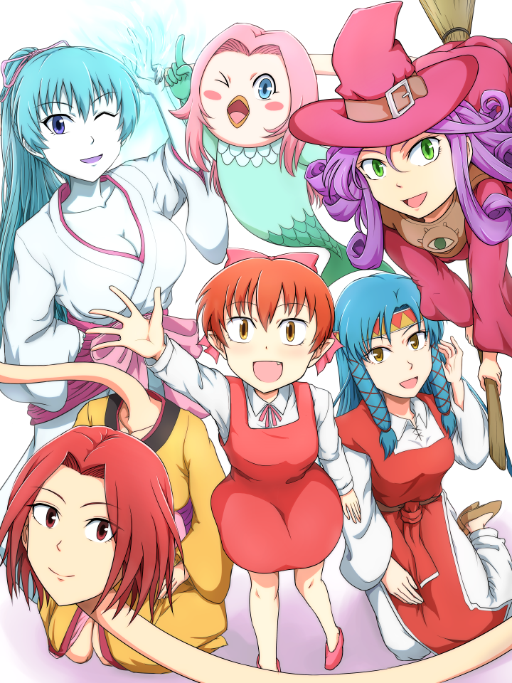 amabie aoi_(gegege_no_kitarou) blue_eyes blue_hair bow broom broom_riding cryokinesis curly_hair gegege_no_kitarou green_eyes group_picture hair_bow japanese_clothes kimono long_neck mamiya_myanmar miu_(gegege_no_kitarou) multiple_girls nekomusume nekomusume_(gegege_no_kitarou_5) one_eye_closed pink_hair ponytail purple_hair red_eyes redhead rokurokubi_(gegege_no_kitarou) sitting wariza yellow_eyes zanbia