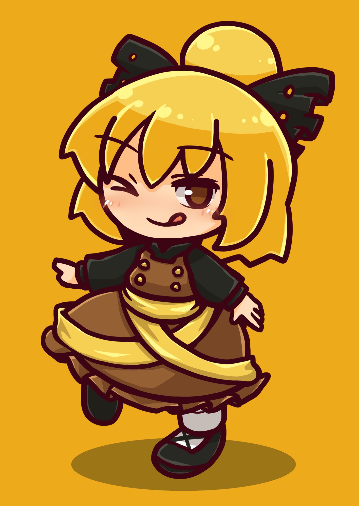1girl ;p black_bow blonde_hair bow brown_dress brown_eyes chibi closed_mouth dress full_body hair_bow highres kide_koushin kurodani_yamame long_sleeves looking_at_viewer one_eye_closed orange_background short_hair simple_background smile solo standing standing_on_one_leg tongue tongue_out touhou