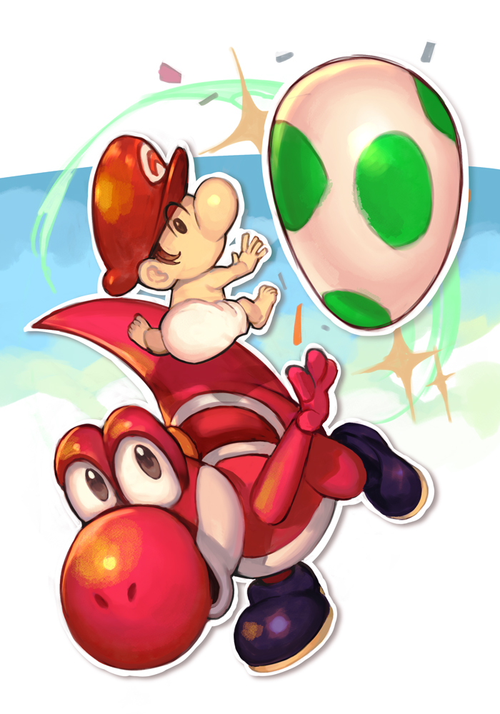 1boy alternate_color animal baby baby_mario barefoot boots brown_eyes brown_hair diaper egg eyebrows_visible_through_hat hankuri hat looking_back open_mouth saddle short_hair sparkle super_mario_bros. super_mario_world_2:_yoshi's_island yoshi