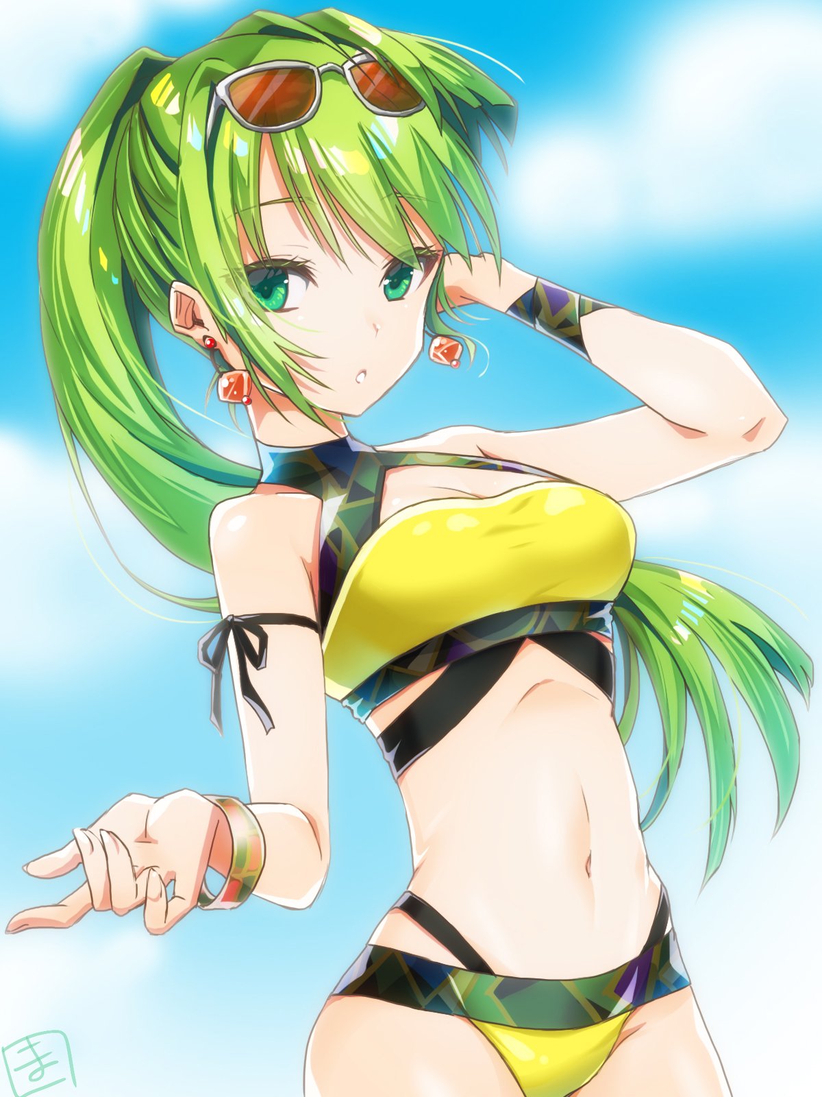 1girl alina_gray alina_gray_(swimsuit_costume) aqua_eyes bangs bare_shoulders bikini blush bracelet closed_mouth earrings eyewear_on_head green_hair hair_between_eyes highres jewelry long_hair looking_at_viewer m_ritaro magia_record:_mahou_shoujo_madoka_magica_gaiden mahou_shoujo_madoka_magica official_alternate_costume ponytail solo sunglasses swimsuit yellow_bikini