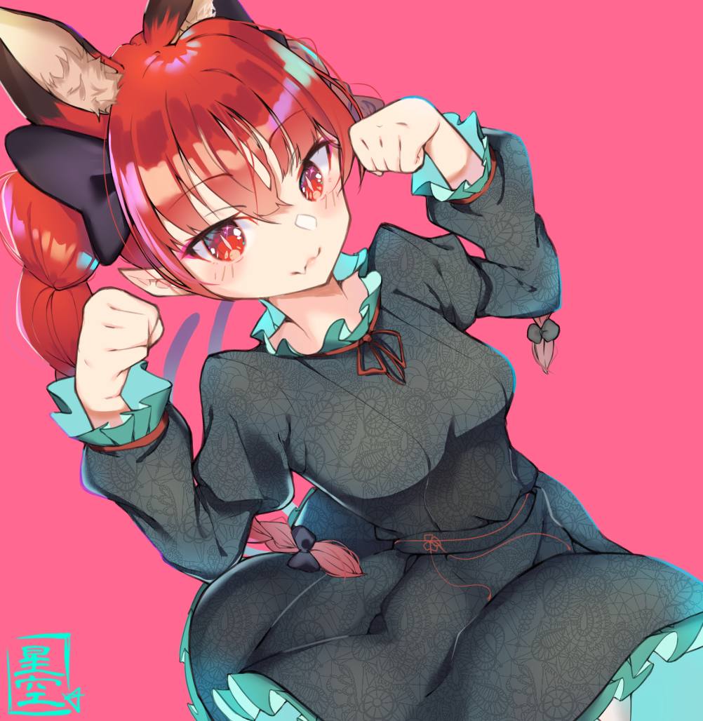 1girl :3 animal_ears black_bow bow braid cat_ears dress dutch_angle extra_ears fang fang_out from_above hoshizora_gabugabu kaenbyou_rin long_sleeves looking_at_viewer multiple_tails nekomata paw_pose pink_background pointy_ears red_background red_eyes redhead skin_fang slit_pupils solo tail touhou twin_braids