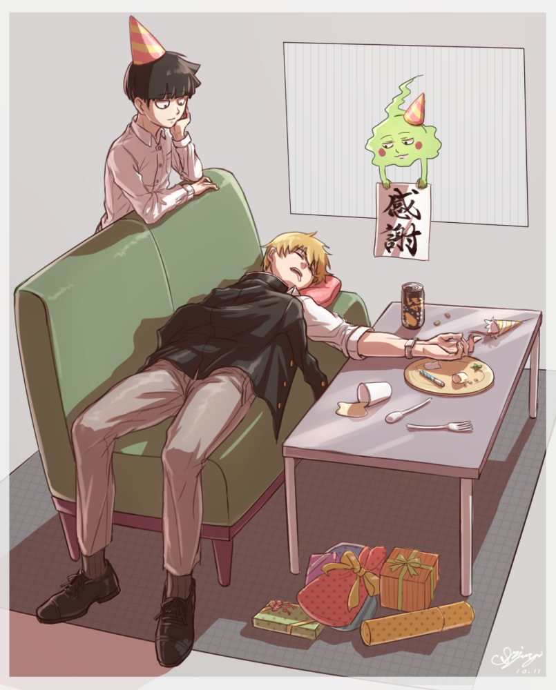 3boys aya_shiro423 beer_can black_footwear black_hair can couch cup dated disposable_cup ekubo_(mob_psycho_100) fork gakuran gift grey_pants hat indoors kageyama_shigeo light_brown_hair looking_at_another lying mob_psycho_100 multiple_boys on_back pants party_hat party_popper plate reigen_arataka saliva school_uniform shirt sleeping spill standing table watch watch white_shirt