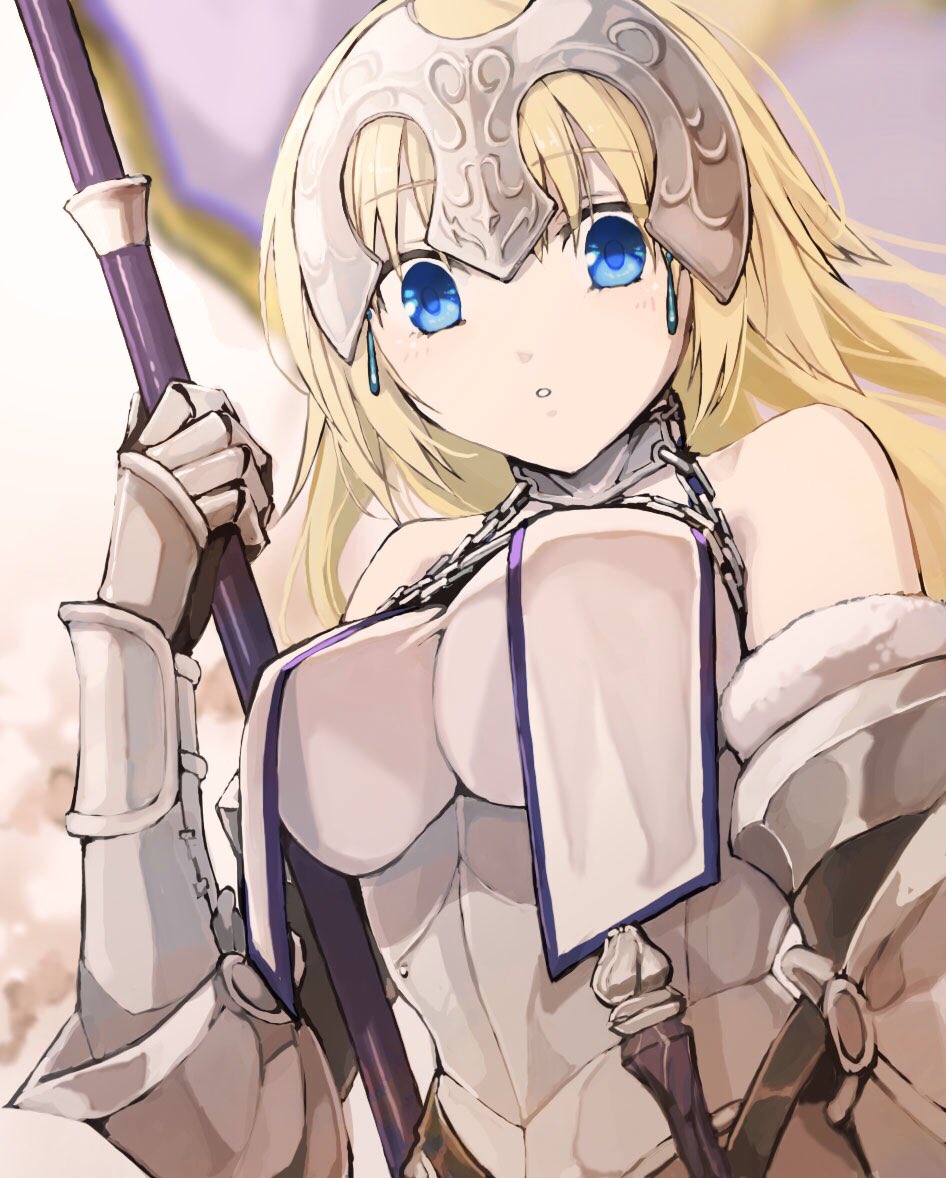 1girl armor armored_dress bangs blonde_hair blue_eyes chain collar fate/apocrypha fate/grand_order fate_(series) gauntlets headpiece holding jeanne_d'arc_(fate) jeanne_d'arc_(ruler)_(fate) kino_kokko long_hair looking_at_viewer metal_collar plackart pole solo