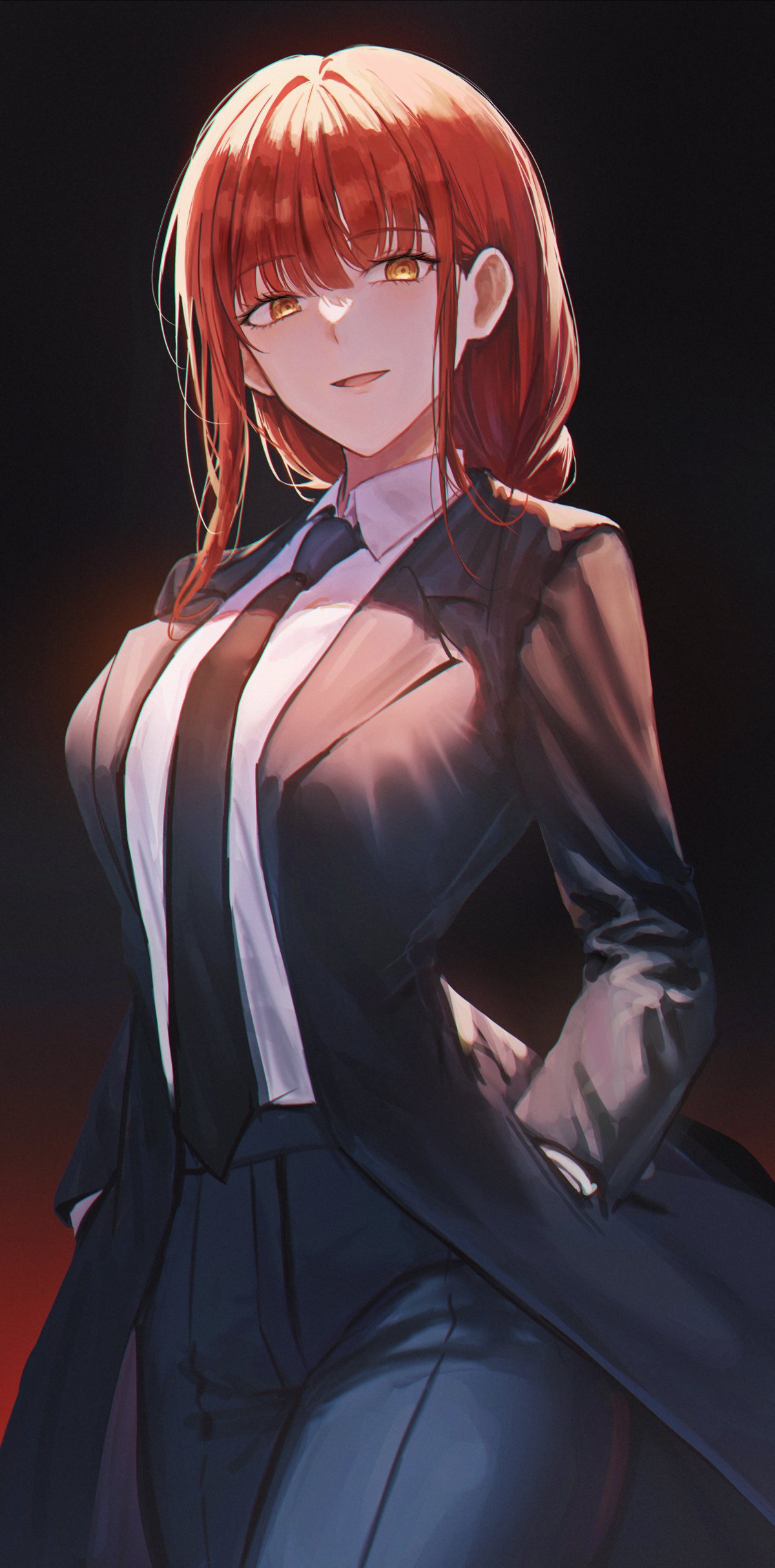 723/nanahumi absurdres black_background black_jacket black_pants chainsaw_man collared_shirt dark_room gradient gradient_background hands_in_pockets highres jacket light long_hair long_sleeves looking_at_viewer makima_(chainsaw_man) open_mouth orange_eyes pants red_background redhead shirt smile standing uniform white_shirt