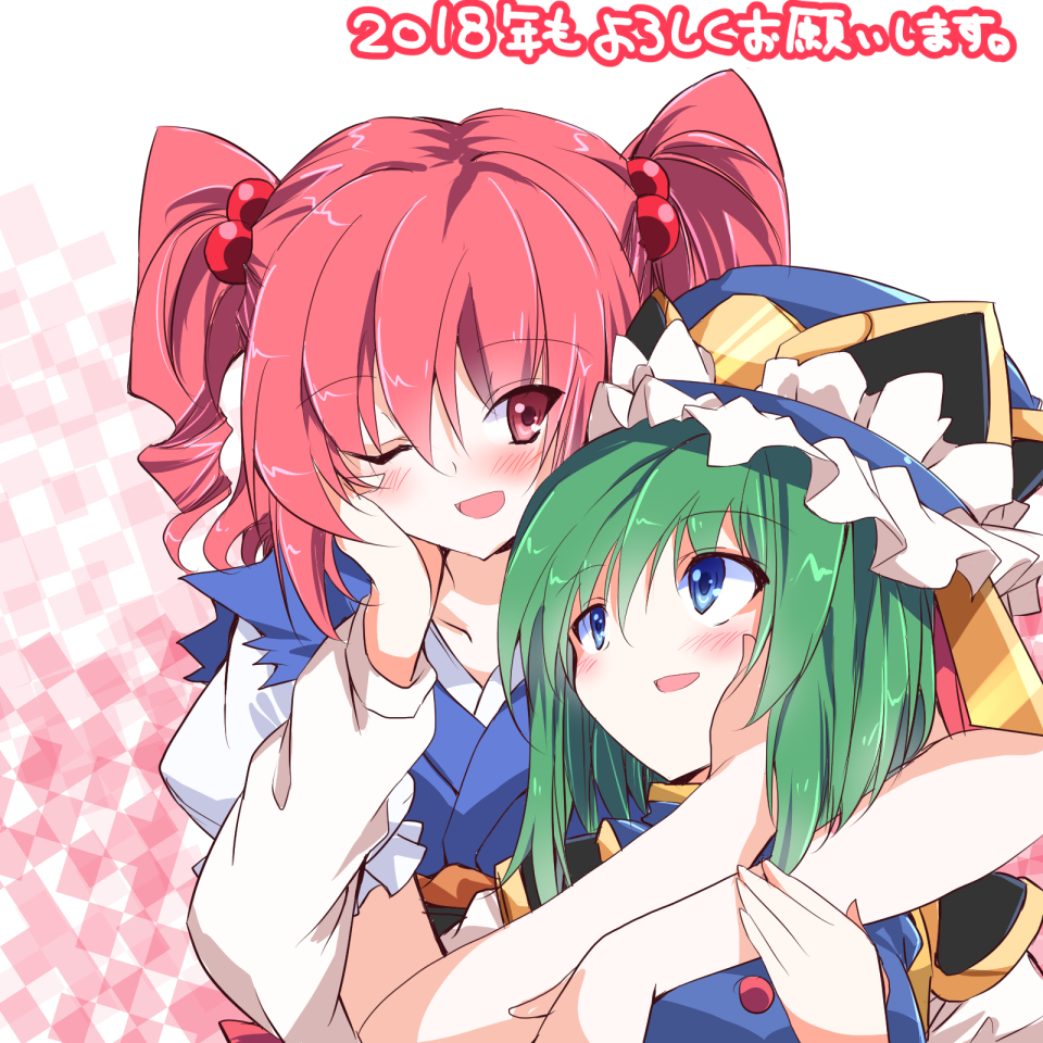 1girl :d ;d blue_eyes blue_headwear clip_studio_paint_(medium) frilled_hat frills green_hair hair_bobbles hair_ornament hand_on_another's_cheek hand_on_another's_face hat hug ichimura_kanata looking_at_another one_eye_closed onozuka_komachi open_mouth red_eyes redhead shiki_eiki short_hair smile solo touhou two_side_up upper_body