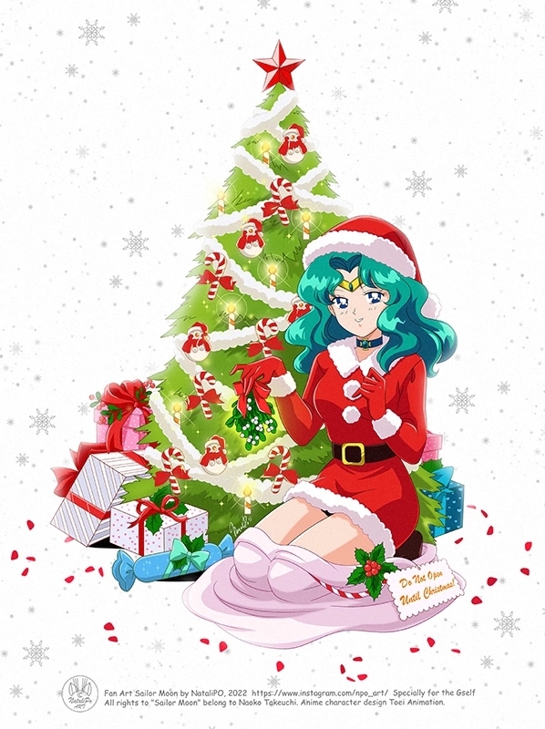 1990s_(style) 1girl 90s bag belt belt_buckle bishoujo_senshi_sailor_moon boots box buckle candle candy_cane christmas christmas_lights christmas_ornaments christmas_present christmas_tree dress full_body gift gift_bag gift_box gloves hat holly in_bag in_container in_sack kaiou_michiru looking_at_viewer miniskirt mistletoe npo_art petals rose_petals sack sailor_neptune santa_boots santa_costume santa_dress santa_gloves santa_hat skirt smile snowflakes snowman tiara tinsel wavy_hair