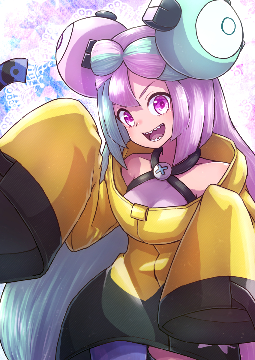 1girl :d bangs character_hair_ornament commentary_request green_hair hair_ornament hands_up highres iono_(pokemon) jacket kotobukkii_(yt_lvlv) long_hair multicolored_hair open_mouth pokemon pokemon_(game) pokemon_sv purple_hair sharp_teeth shirt sleeveless sleeveless_shirt sleeves_past_fingers sleeves_past_wrists smile solo teeth tongue two-tone_hair violet_eyes yellow_jacket