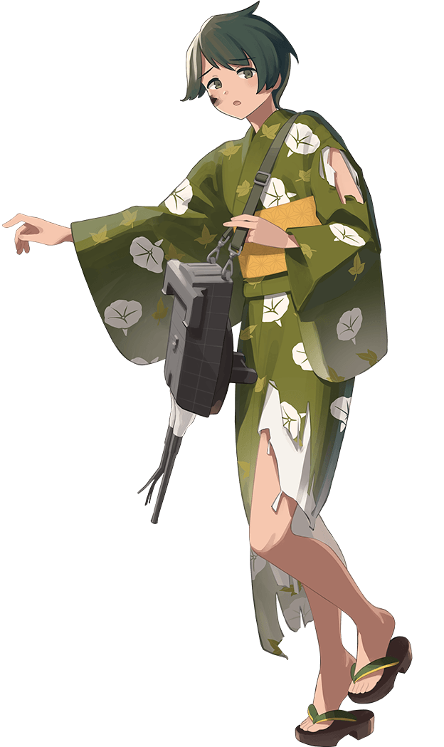 1girl adapted_turret bangs black_hair cannon commentary_request dirty dirty_face floral_print geta green_eyes green_kimono japanese_clothes kantai_collection kimono looking_at_viewer mogami_(kancolle) official_art open_mouth sandals shibafu_(glock23) short_hair solo swept_bangs third-party_source torn_clothes transparent_background turret yukata