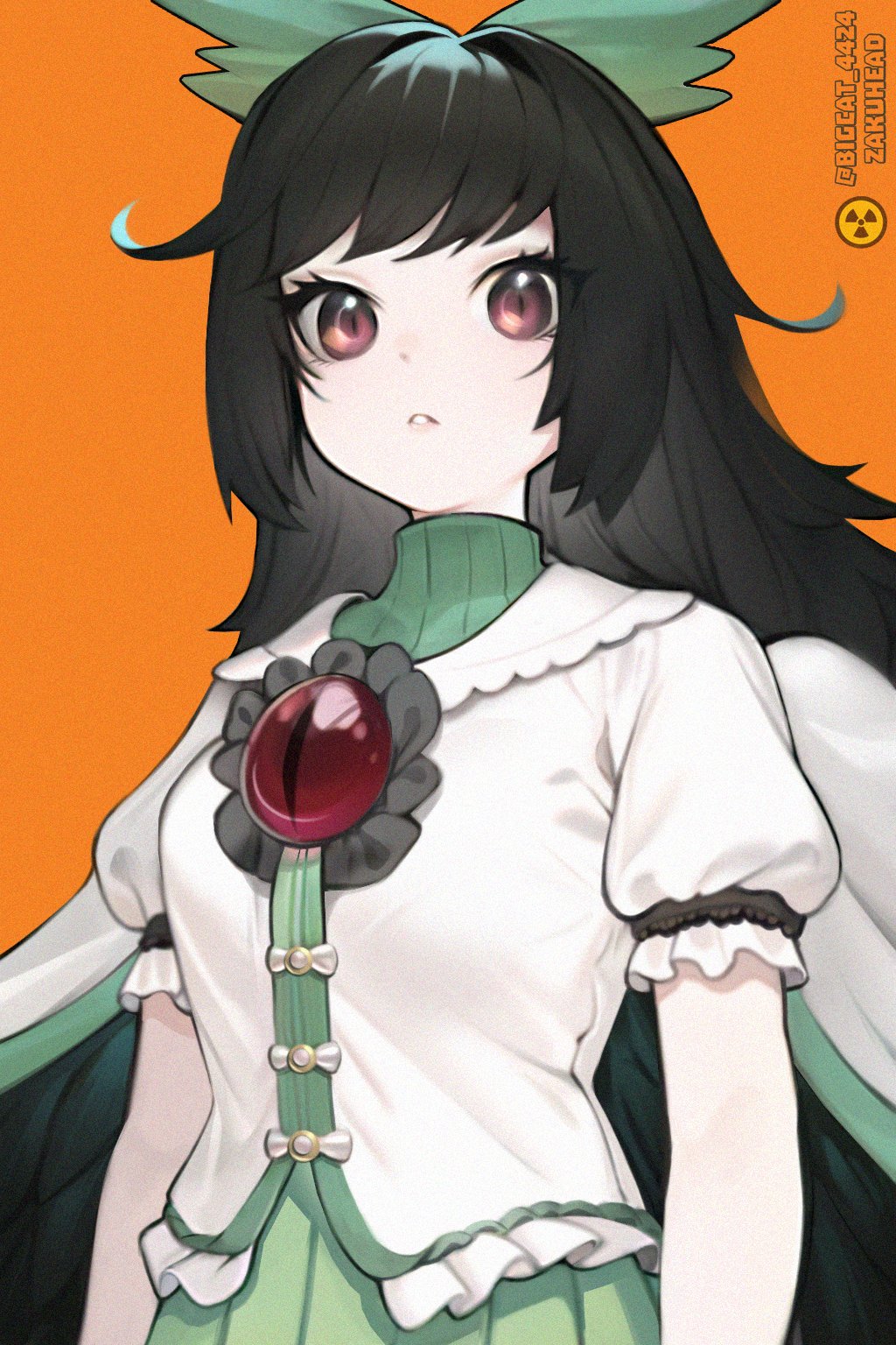 1girl bangs bigcat_114514 bird_wings black_hair black_wings bow cape chest_jewel eyebrows_hidden_by_hair from_below green_bow green_skirt hair_bow highres long_hair looking_at_viewer orange_background parted_lips puffy_short_sleeves puffy_sleeves reiuji_utsuho short_sleeves skirt solo swept_bangs touhou white_cape wings
