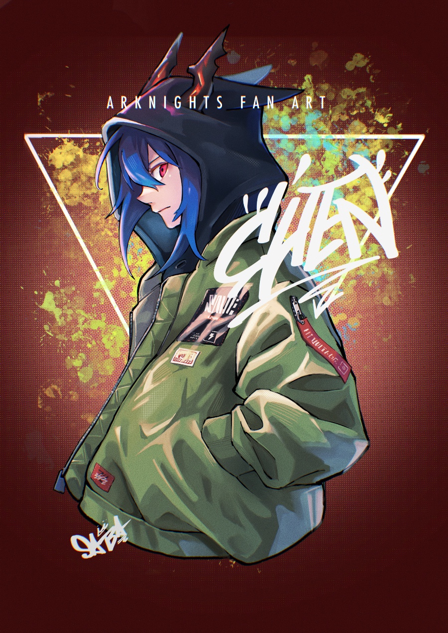 1girl alternate_costume arknights blue_hair casual ch'en_(arknights) character_name closed_mouth copyright_name cropped_torso from_side green_jacket hands_in_pockets highres hood hood_up horns_through_hood jacket long_sleeves looking_at_viewer looking_to_the_side open_clothes open_jacket peppsi_(saba_sabasuk0) red_background red_eyes serious short_hair sideways_glance solo upper_body