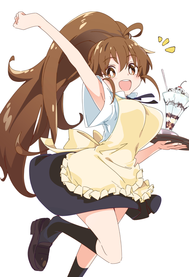 1girl :d ahoge apron black_skirt black_socks breasts bright_pupils brown_eyes brown_hair holding holding_tray ixy large_breasts long_hair looking_at_viewer parfait ponytail simple_background skirt smile socks solo taneshima_popura tray white_background white_pupils working!!