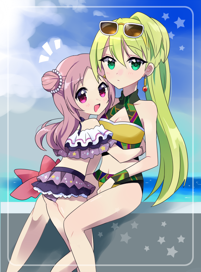 2girls alina_gray alina_gray_(swimsuit_costume) bangs bare_shoulders bikini blush earrings eyewear_on_head frilled_bikini frills green_hair hair_between_eyes hair_bun hair_ornament jewelry long_hair looking_at_viewer magia_record:_mahou_shoujo_madoka_magica_gaiden mahou_shoujo_madoka_magica misono_karin misono_karin_(swimsuit_costume) miyuara multiple_girls official_alternate_costume open_mouth parted_bangs ponytail purple_hair star_(symbol) star_hair_ornament sunglasses swimsuit yellow_bikini