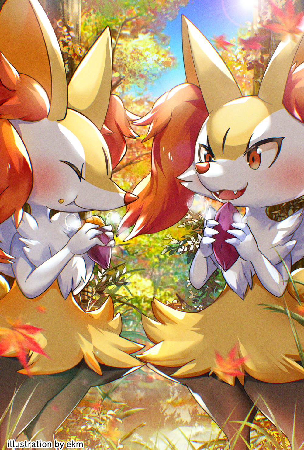 2girls :3 :t ^_^ animal_ear_fluff animal_ears animal_nose artist_name autumn_leaves black_fur blue_sky blush body_fur braixen chewing chromatic_aberration closed_eyes closed_mouth commentary_request crumbs day eating ekm english_text falling_leaves fangs flat_chest food food_bite food_on_face fox_ears fox_girl fox_tail fur_collar furry furry_female grass hands_up happy highres holding holding_food leaf maple_leaf multicolored_fur multiple_girls open_mouth outdoors own_hands_together partial_commentary pokemon pokemon_(creature) red_eyes sky smile snout standing steam sunlight sweet_potato tail tree watermark white_fur wide_hips yellow_fur