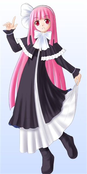1girl artist_request black_dress black_footwear boots bow clothes_lift disgaea dress dress_lift gradient gradient_background grey_background hair_bow index_finger_raised lifted_by_self long_hair long_sleeves mage_(disgaea) pink_hair red_eyes simple_background solo very_long_hair white_bow