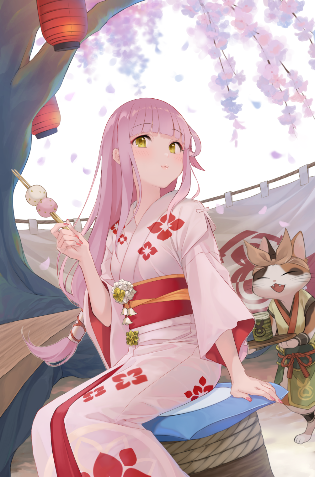 1girl bangs cat cherry_blossoms chewing closed_mouth commission dango eating felyne flower food highres holding holding_food lantern long_hair looking_at_viewer monster_hunter_(series) monster_hunter_rise original outdoors paper_lantern pink_flower pink_hair q-v_(levia) sitting skeb_commission solo tree wagashi white_flower yellow_eyes