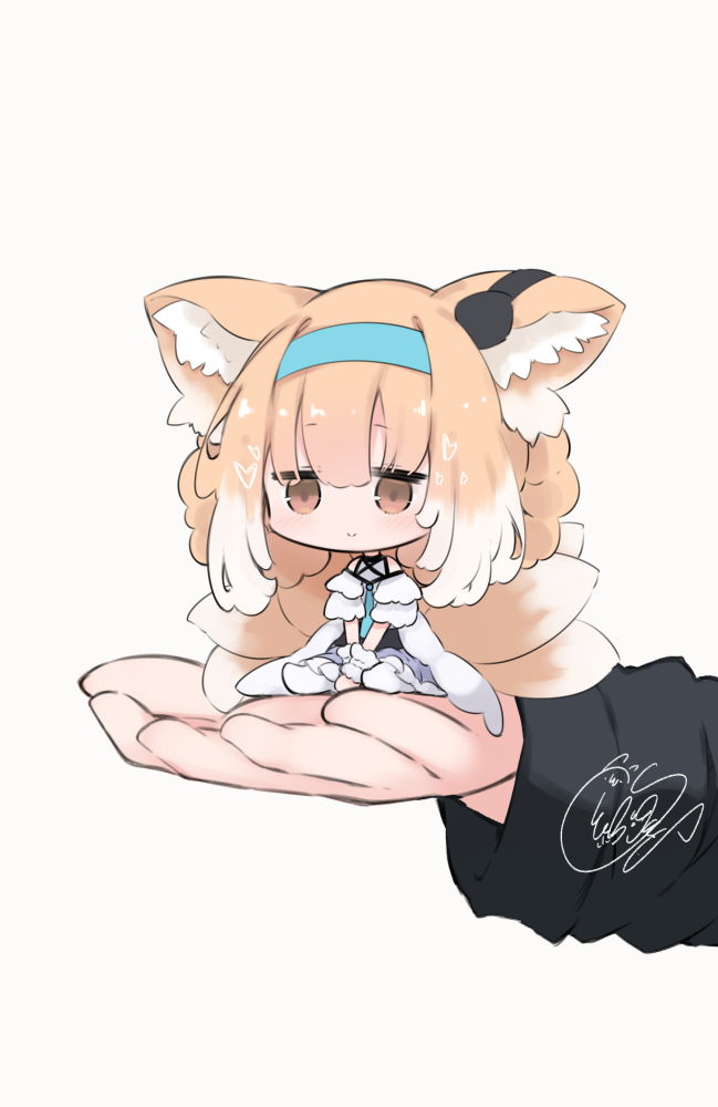 1girl 1other ambiguous_gender animal_ears arknights beni_shake blonde_hair blue_dress blue_hairband blush braid chibi dress earpiece feet_out_of_frame fox_ears fox_tail hairband in_palm kitsune long_hair multiple_tails pantyhose seiza simple_background sitting smile suzuran_(arknights) tail white_background white_pantyhose yellow_eyes