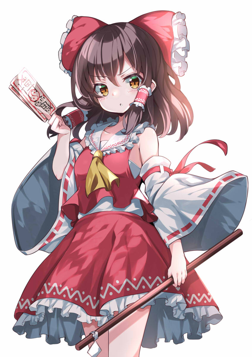 1girl ascot bangs between_fingers bow brown_hair collar collarbone detached_sleeves frilled_bow frilled_collar frilled_hair_tubes frilled_skirt frills gohei hair_between_eyes hair_bow hair_tubes hakurei_reimu hand_up highres holding holding_gohei long_hair long_sleeves nontraditional_miko omochishiki orange_eyes red_bow red_skirt red_vest ribbon-trimmed_sleeves ribbon_trim simple_background skirt skirt_set solo talisman touhou v-shaped_eyebrows vest white_background white_sleeves wide_sleeves yellow_ascot yin_yang