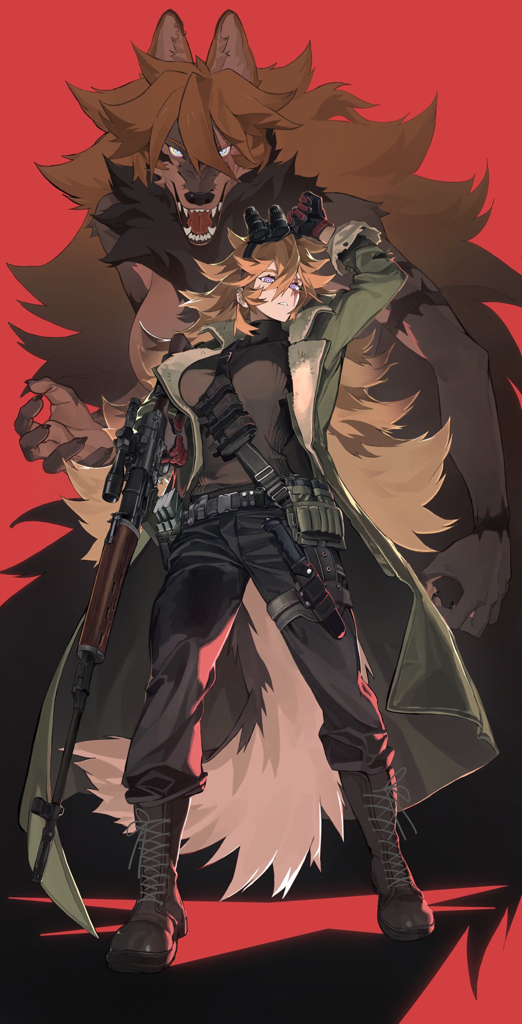 1girl belt blue_eyes boots dagger dual_persona full_body fur gloves gun highres holster jacket knife knifedragon long_hair looking_to_the_side mature_female night_vision_device original pouch rifle sniper_rifle solo tail thigh_strap weapon werewolf