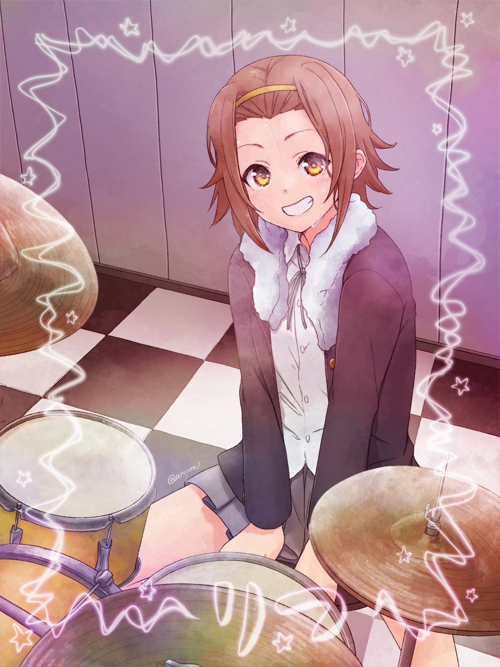 1girl blush brown_eyes brown_hair commission drum drum_set grey_skirt grin hairband highres indoors instrument k-on! looking_at_viewer parted_lips pleated_skirt short_hair sitting skeb_commission skirt smile solo sweat tainaka_ritsu teeth twitter_username unyon