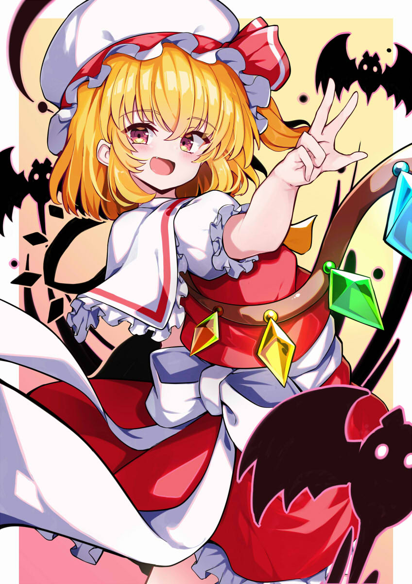 1girl :d ascot bat_(animal) blonde_hair crystal fang flandre_scarlet hat hat_ribbon highres long_hair medium_hair mob_cap multicolored_eyes omochishiki open_mouth pink_eyes puffy_short_sleeves puffy_sleeves red_ribbon red_skirt red_vest ribbon ringed_eyes sash short_sleeves side_ponytail skirt skirt_set smile solo touhou vest white_headwear white_sash wings yellow_ascot yellow_eyes