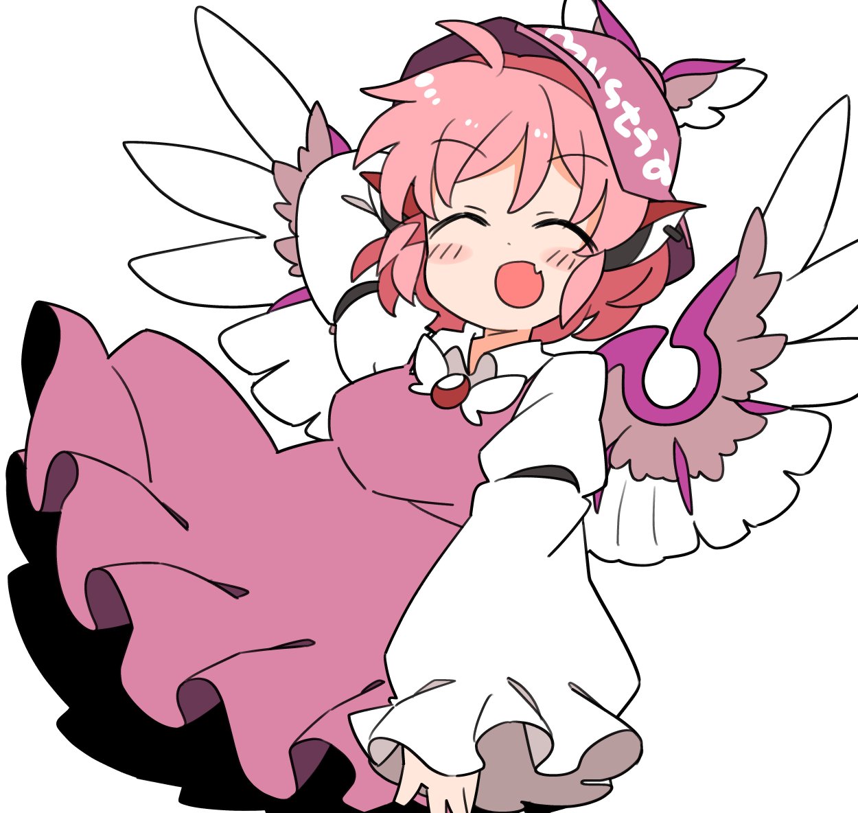 1girl animal_ears bird_ears bird_wings blush brown_dress brown_headwear closed_eyes dress earrings fang frilled_dress frilled_sleeves frills ini_(inunabe00) jewelry long_sleeves mystia_lorelei open_mouth pink_hair short_hair simple_background single_earring skin_fang smile solo touhou white_background white_wings wide_sleeves winged_hat wings