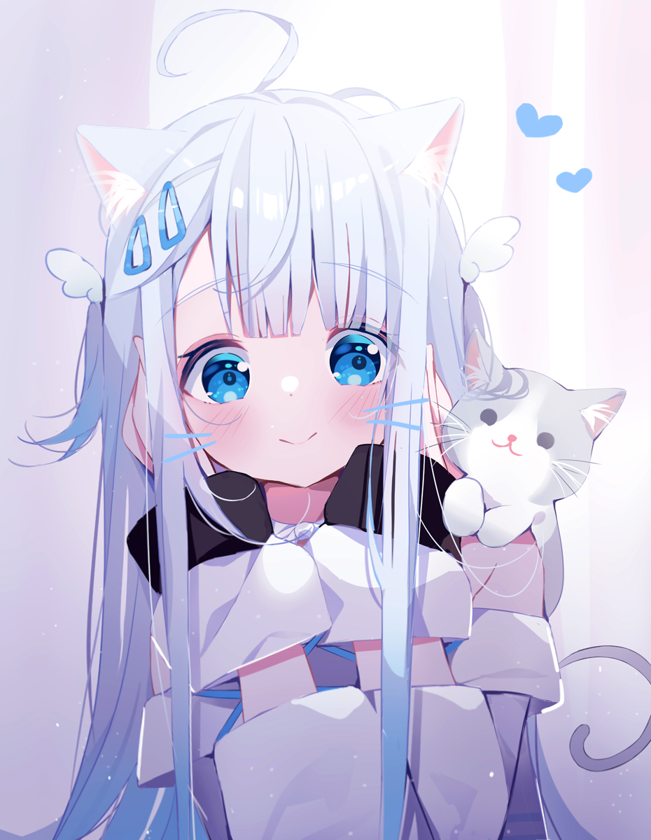 1girl ahoge amatsuka_uto animal_ears animal_on_shoulder bangs blue_eyes blush cat cat_ears closed_mouth commentary_request deyui grey_hair hair_ornament hairclip hands_on_own_face hands_up heart highres indie_virtual_youtuber long_sleeves looking_at_viewer sleeves_past_fingers sleeves_past_wrists smile solo upper_body virtual_youtuber