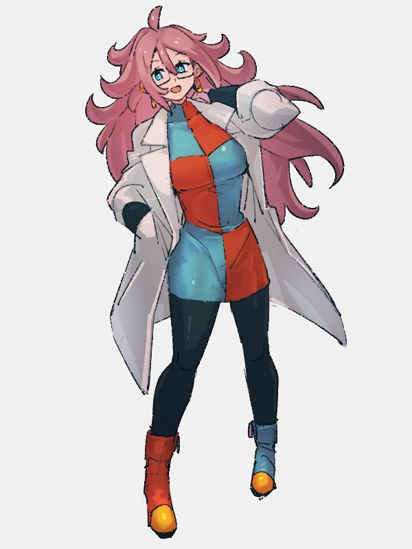 1girl :d android_21 asymmetrical_footwear blue_eyes blue_footwear boots breasts checkered_clothes checkered_dress dragon_ball dragon_ball_fighterz dress earrings full_body glasses grey_background hand_in_pocket jewelry kemachiku labcoat large_breasts long_hair long_sleeves looking_at_viewer mismatched_footwear open_mouth red_footwear redhead simple_background smile solo standing