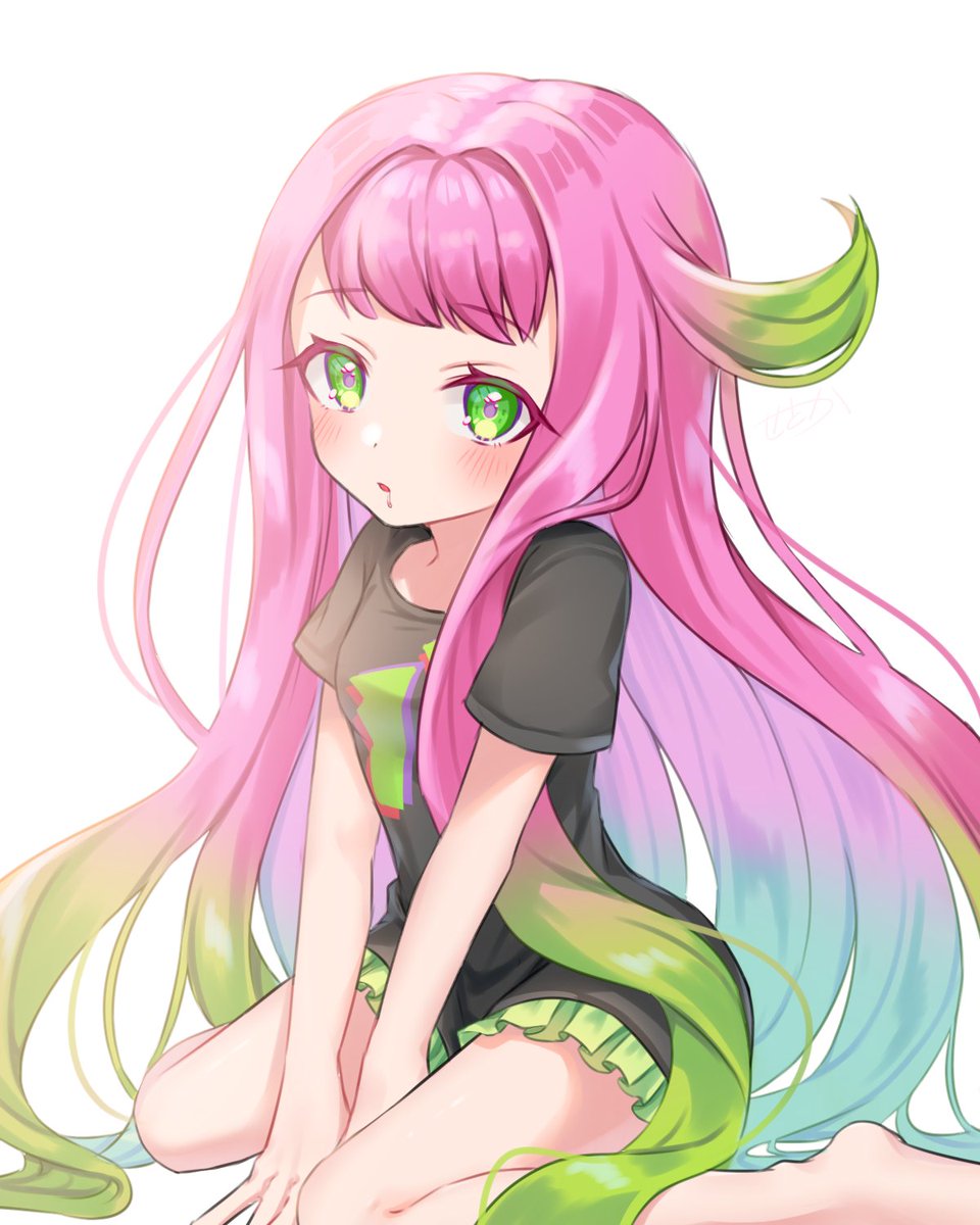 1girl amakusa_setoka bangs between_legs black_shirt blush breasts drooling frills gradient_hair green_eyes hand_between_legs harmony_(splatoon) highres humanization long_hair looking_at_viewer multicolored_eyes multicolored_hair no_shoes open_mouth pink_hair purple_pupils sea_anemone shirt sitting small_breasts solo splatoon_(series) splatoon_3 v_arms wariza