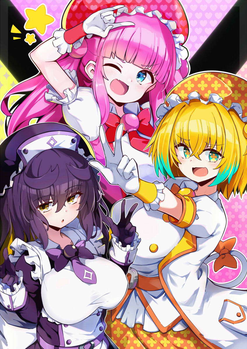 3girls ;d arm_up bangs blonde_hair blue_eyes blue_hair blunt_bangs bombergirl bow breasts colored_inner_hair fang flower-shaped_pupils frilled_hat frills gloves hair_between_eyes hands_up hat heart heart_print highres large_breasts light_blue_hair long_hair momoko_(bombergirl) multicolored_hair multiple_girls omochishiki one_eye_closed open_mouth orange_bow orange_headwear outline pine_(bombergirl) pink_hair prune_(bombergirl) puffy_short_sleeves puffy_sleeves purple_gloves purple_hair purple_headwear red_headwear short_hair short_sleeves skin_fang smile star_(symbol) symbol-shaped_pupils tail tail_bow tail_ornament two-tone_hair v-shaped_eyebrows white_outline white_tail yellow_eyes