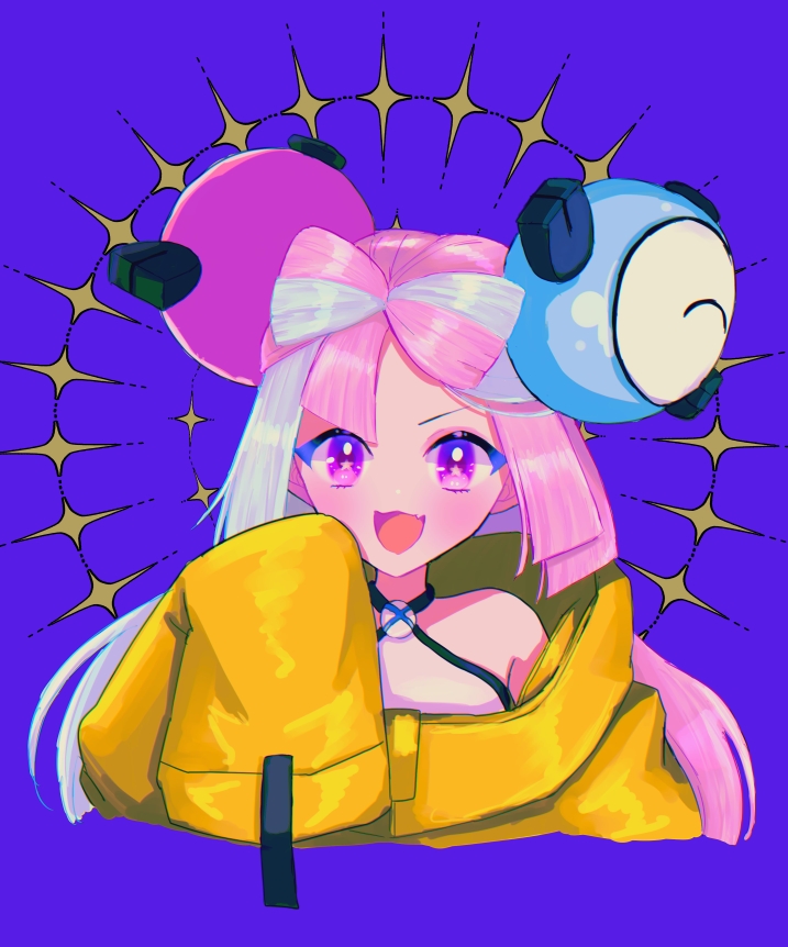 1girl :d blush character_hair_ornament commentary_request grey_hair hair_ornament hand_up iono_(pokemon) jacket long_hair looking_at_viewer misaki_emiru multicolored_hair open_mouth pink_hair pokemon pokemon_(game) pokemon_sv purple_background shirt sleeveless sleeveless_shirt sleeves_past_fingers sleeves_past_wrists smile solo sparkle star_(symbol) star_in_eye symbol_in_eye two-tone_hair upper_body violet_eyes yellow_jacket