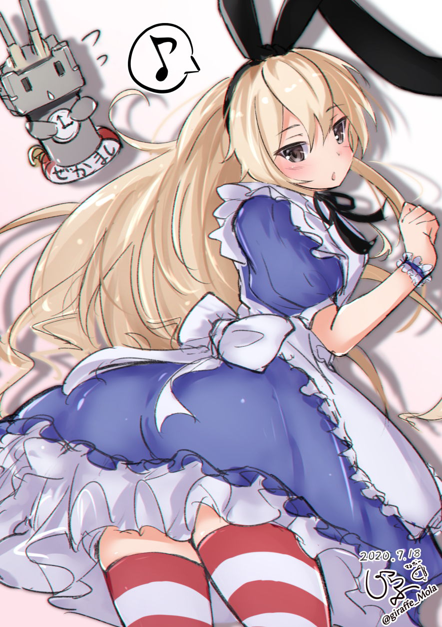 1girl alice_(alice_in_wonderland) alice_(alice_in_wonderland)_(cosplay) alice_in_wonderland apron black_hairband blonde_hair blue_dress clock cosplay cowboy_shot dress frilled_apron frilled_dress frills from_behind giraffe_(ilconte) grey_eyes hairband highres kantai_collection long_hair rensouhou-chan shimakaze_(kancolle) solo striped striped_thighhighs thigh-highs white_apron