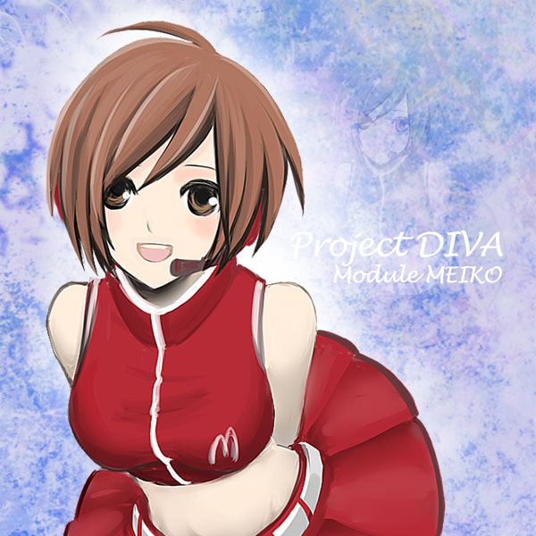 1girl :d arms_behind_back bangs blue_background blush breasts brown_eyes brown_hair commentary_request crop_top headset looking_at_viewer medium_breasts meiko midriff open_mouth project_diva_(series) red_shirt red_skirt shirt short_hair skirt sleeveless sleeveless_shirt smile solo tomo-graphy upper_body vocaloid