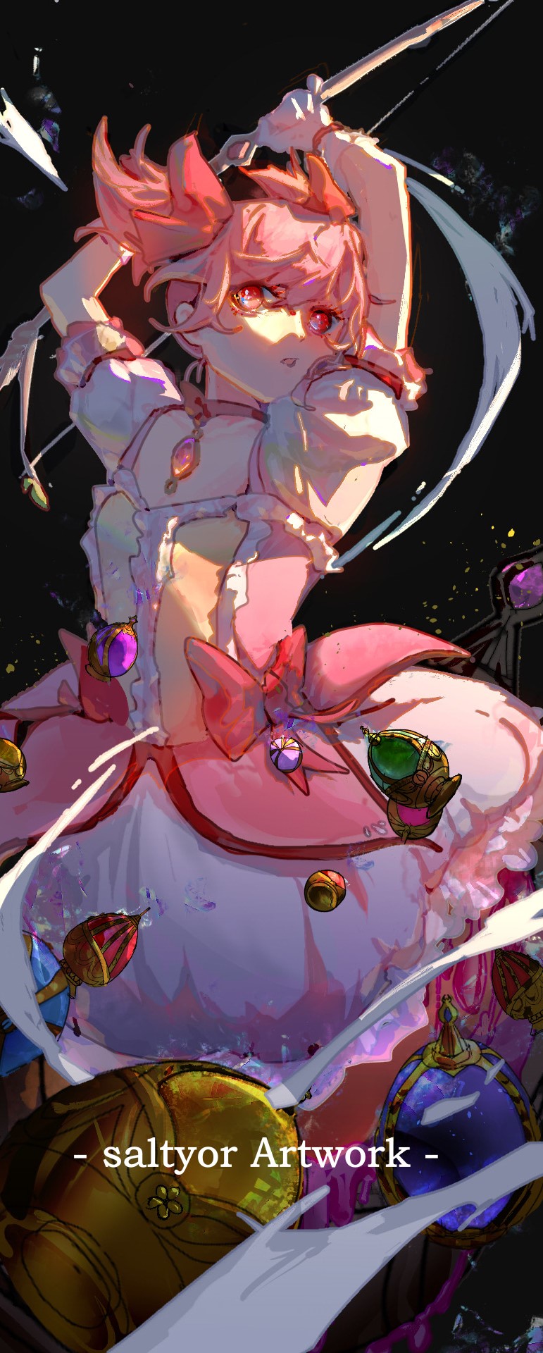 1girl arms_up artist_name bangs bow bow_(weapon) floating_hair gloves hair_between_eyes hair_bow highres holding holding_bow_(weapon) holding_weapon kaname_madoka long_hair magical_girl mahou_shoujo_madoka_magica medium_skirt parted_lips pink_hair red_bow red_eyes saltyor short_sleeves skirt solo soul_gem twintails weapon white_gloves white_skirt