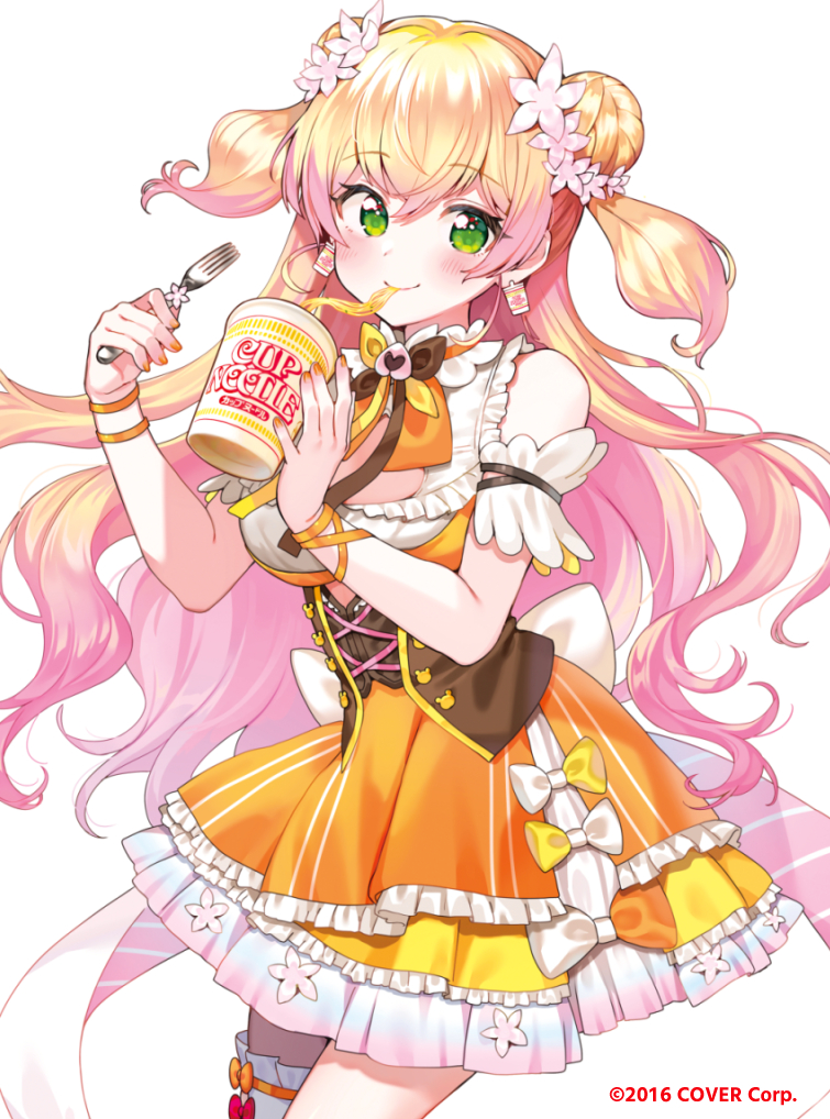 blonde_hair bow bowtie closed_mouth cup_noodle double_bun dress eating flower food food_focus food_in_mouth fork frilled_dress frills green_eyes hair_between_eyes hair_bun hair_flower hair_ornament holding holding_fork hololive long_hair looking_at_viewer momosuzu_nene nishizawa noodles official_alternate_costume ramen single_thighhigh smile standing thigh-highs two_side_up virtual_youtuber white_background white_thighhighs