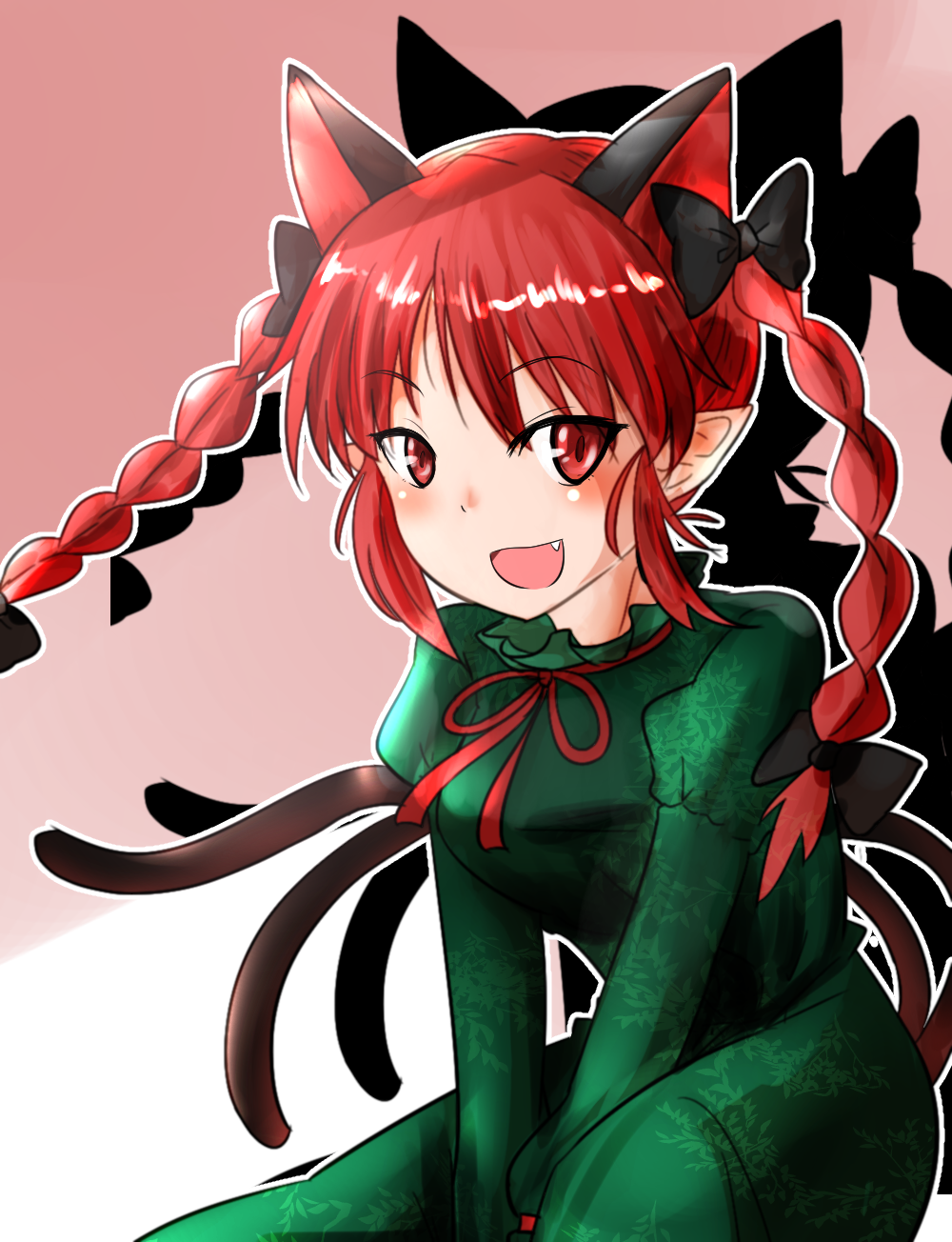 1girl :d animal_ears bow braid cat_ears cat_tail dress drop_shadow extra_ears fang green_dress hair_bow highres kaenbyou_rin multiple_tails nekomata oshiaki pointy_ears red_eyes redhead smile solo tail touhou twin_braids two_tails
