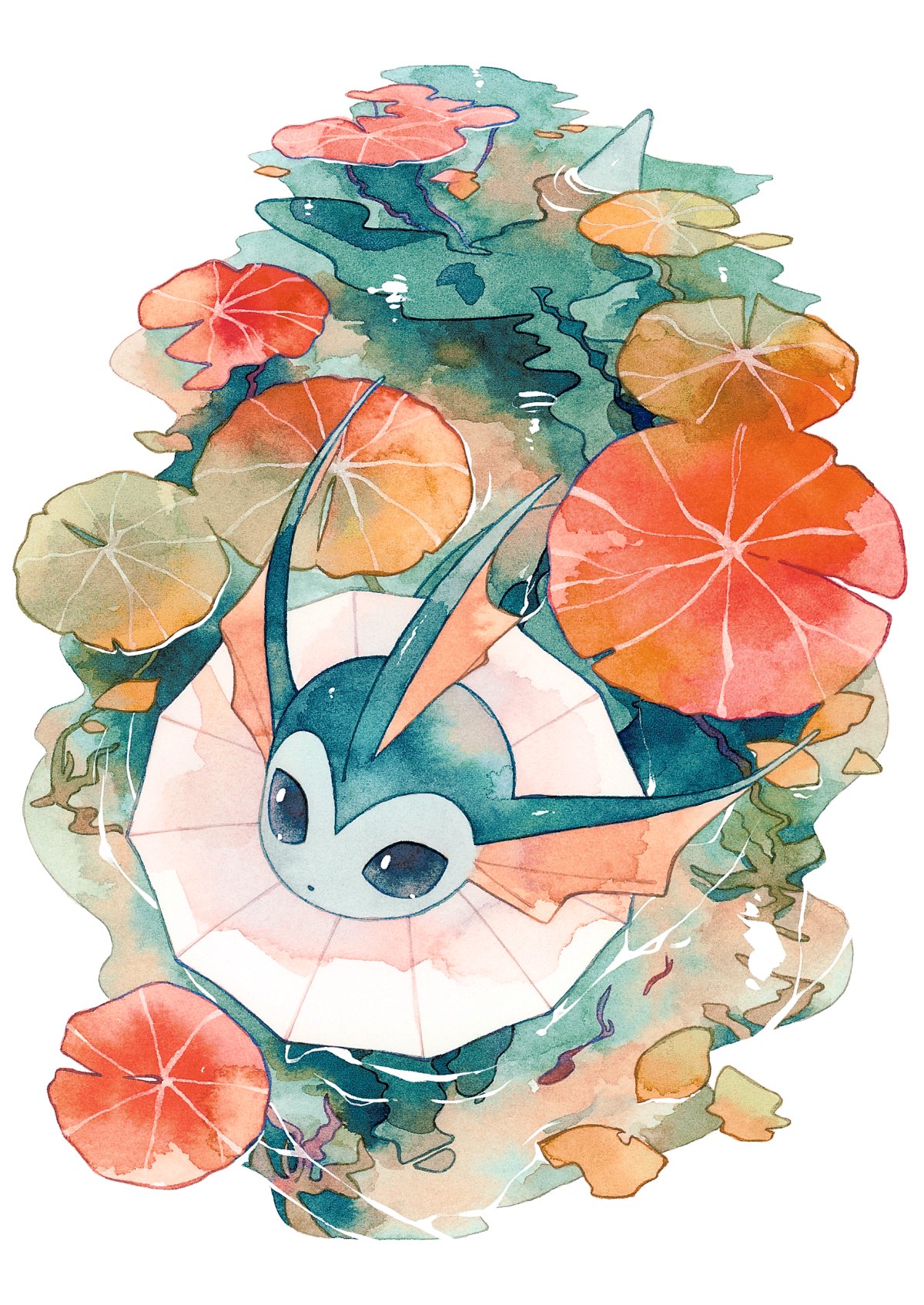 animal_focus border bright_pupils from_above green_eyes highres lily_pad no_humans oharu-chan pokemon pokemon_(creature) ripples traditional_media vaporeon water white_border white_pupils