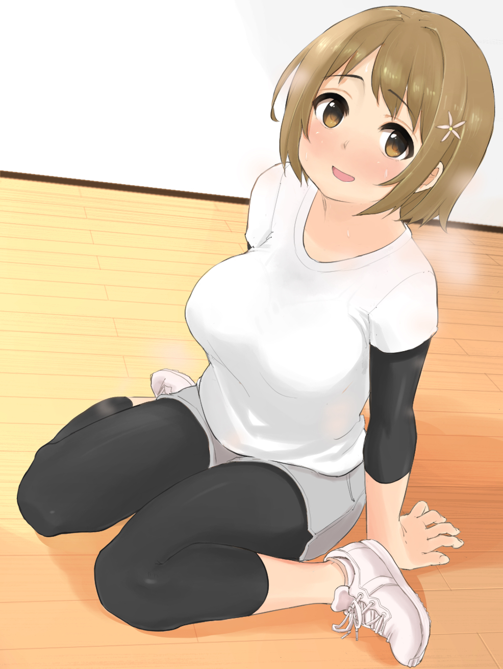 1girl black_leggings blush breath brown_eyes brown_hair curvy flower hair_flower hair_ornament highres idolmaster idolmaster_cinderella_girls leggings looking_at_viewer mimura_kanako naltal plump shirt short_hair sitting solo wariza white_shirt wooden_floor