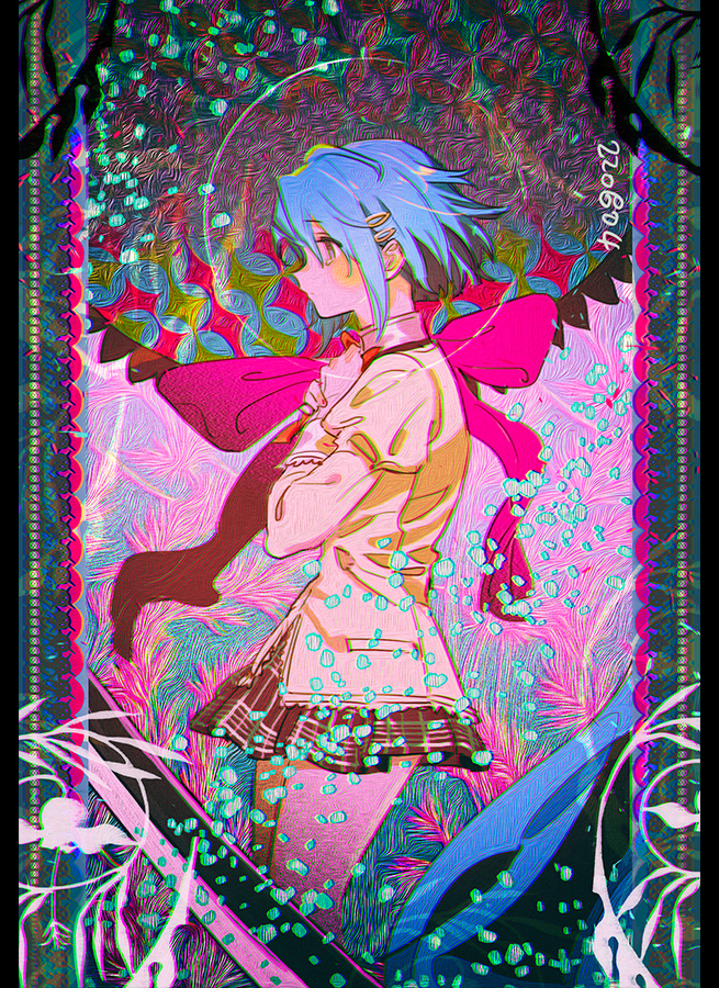 1girl abstract_background bangs bare_legs blue_eyes blue_hair border bow bowtie brown_skirt chromatic_aberration commentary cowboy_shot dated english_commentary from_side hair_ornament hairclip hands_on_own_chest haun juliet_sleeves long_sleeves mahou_shoujo_madoka_magica miki_sayaka mitakihara_school_uniform oktavia_von_seckendorff own_hands_clasped own_hands_together pink_background plaid plaid_skirt pleated_skirt profile puffy_sleeves red_bow red_bowtie school_uniform shirt short_hair sidelocks skirt tearing_up yellow_shirt