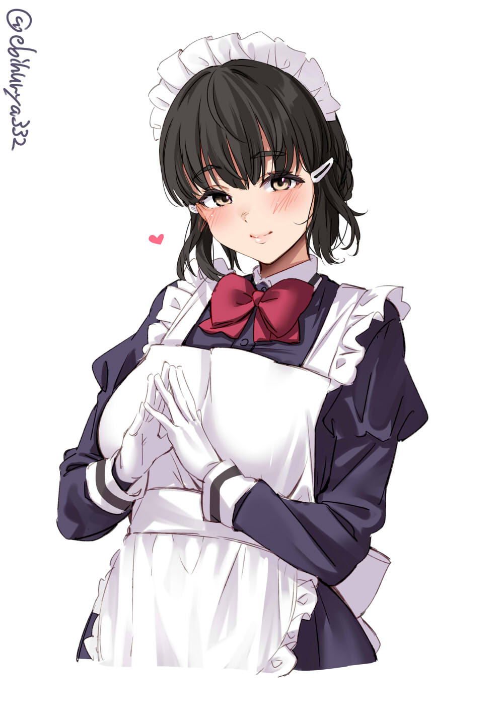 1girl apron bangs blush bow bowtie character_request dress ebifurya frills gloves hair_ornament hairclip heart highres kantai_collection looking_at_viewer maid maid_apron maid_headdress myoukou_(kancolle) one-hour_drawing_challenge puffy_sleeves red_bow red_bowtie ribbon short_hair simple_background smile solo twitter_username white_background white_gloves