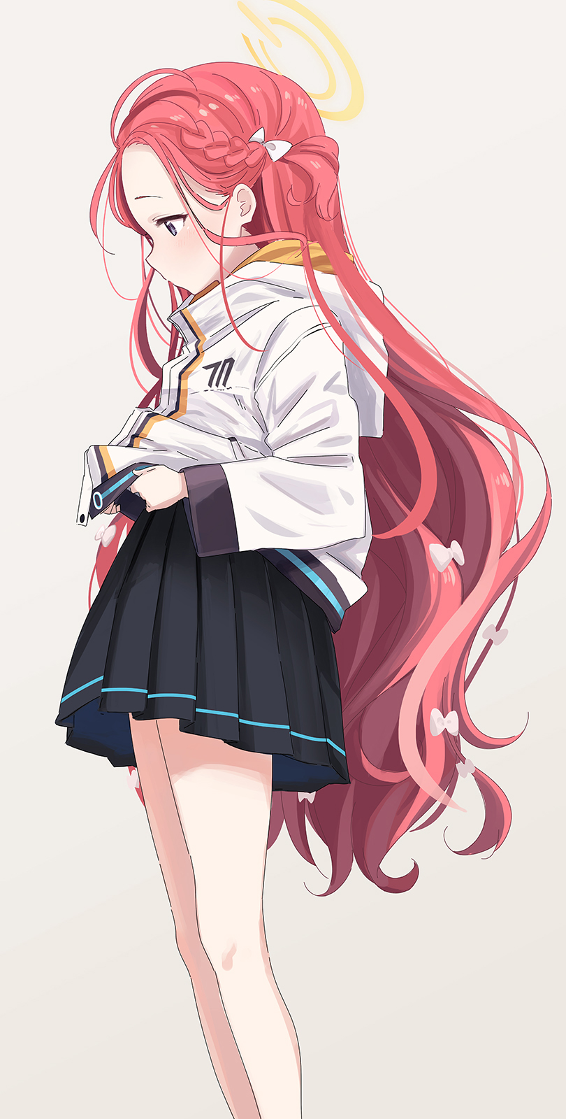 1girl abe_kanari bangs black_skirt blue_archive blue_eyes bow braid feet_out_of_frame forehead from_side hair_bow halo highres hood hooded_jacket jacket light_blush light_brown_background long_hair long_sleeves looking_down multiple_hair_bows parted_bangs pleated_skirt redhead simple_background skirt solo very_long_hair white_bow white_jacket yuzu_(blue_archive)