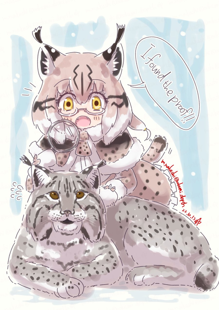 1girl animal_print blonde_hair brown_hair capelet cat_print eurasian_lynx_(kemono_friends) fangs flying_sweatdrops frilled_capelet frilled_skirt frills fur_trim glasses highres kemono_friends lynx lynx_ears lynx_girl lynx_tail magnifying_glass mittens multicolored_hair nakashi_masakumi open_mouth print_capelet print_coat print_skirt semi-rimless_eyewear short_hair skirt solo white_hair white_mittens yellow_eyes