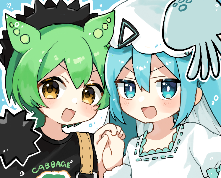 2girls akikan_sabago aqua_eyes aqua_hair black_shirt blush bright_pupils clothes_writing commentary_request dress green_hair hat hat_ornament hatsune_miku holding_hands jellyfish looking_at_viewer multiple_girls niconico open_mouth sea_urchin shirt suspenders twintails vocaloid voicevox white_pupils yellow_eyes zundamon