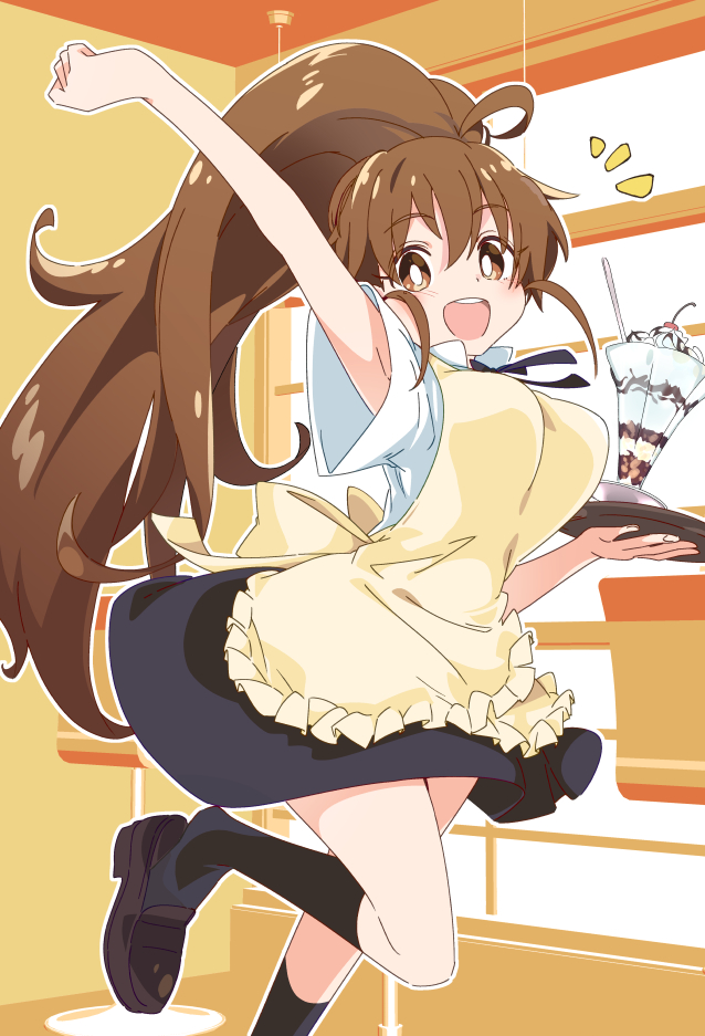 1girl :d ahoge apron black_skirt black_socks breasts bright_pupils brown_eyes brown_hair holding holding_tray ixy large_breasts long_hair looking_at_viewer parfait ponytail skirt smile socks solo taneshima_popura tray white_pupils working!!