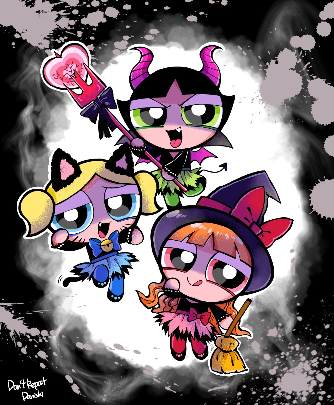 3girls black_hair blonde_hair blossom_(ppg) blue_eyes bubbles_(ppg) buttercup_(ppg) commentary danishi demon_costume dress english_commentary english_text fang green_eyes green_pajamas halloween_costume hat highres long_hair looking_at_viewer multiple_girls open_mouth orange_hair pajamas pink_eyes powerpuff_girls shoes short_hair simple_background smile symbol-only_commentary tongue tongue_out twintails witch witch_hat