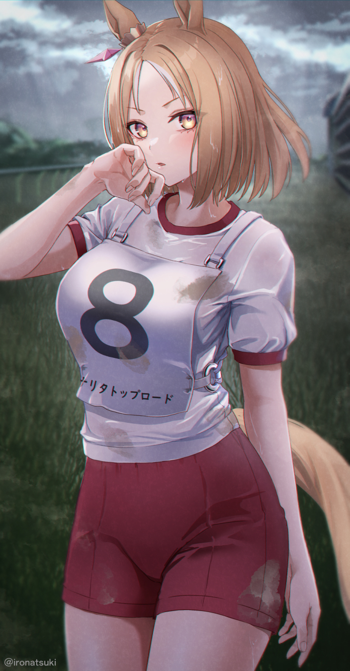 1girl animal_ears bangs blonde_hair clouds cloudy_sky dirty dirty_clothes grass gym_shirt gym_shorts gym_uniform hand_on_own_face highres horse_ears horse_girl horse_tail ironatsuki looking_at_viewer narita_top_road_(umamusume) original_race_uniform_(umamusume) outdoors parted_bangs shirt shorts sky solo standing sweat tail umamusume