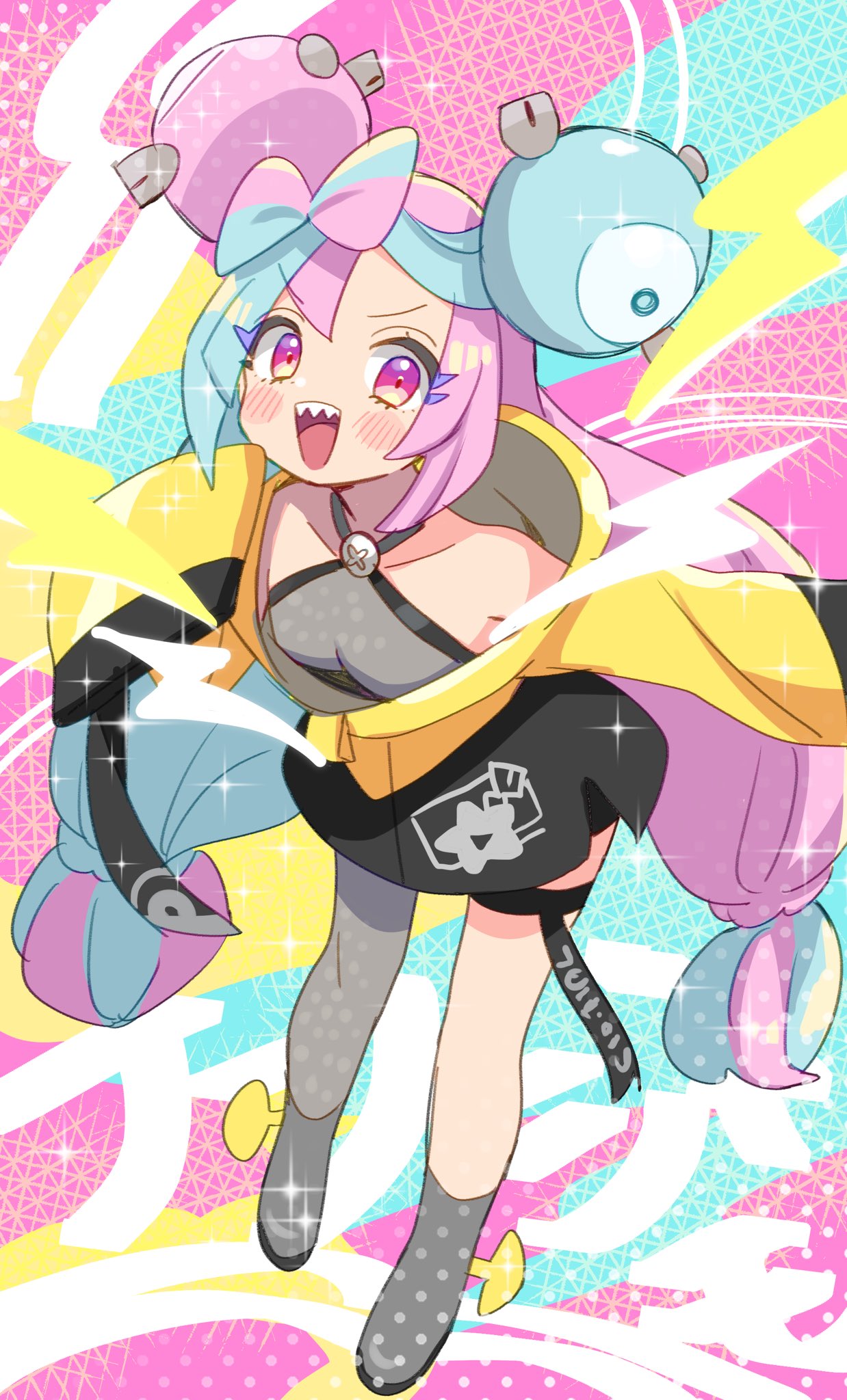 1girl bangs bare_shoulders blush_stickers bow-shaped_hair breasts character_hair_ornament collarbone framed glint grey_shirt hair_ornament highres iono_(pokemon) jacket lightning_bolt_symbol long_hair looking_at_viewer magnemite multicolored_background multicolored_hair open_mouth pink_eyes pink_hair pokemon pokemon_(game) pokemon_sv saito_katuo sharp_teeth shirt sleeveless sleeveless_shirt sleeves_past_fingers sleeves_past_wrists smile solo split-color_hair teeth thigh_strap two-tone_hair wide_sleeves x yellow_jacket