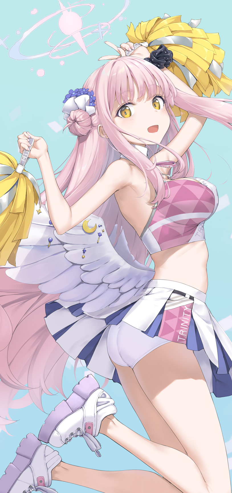 1girl angel_beats! arm_up armpits bangs black_scrunchie blue_background breasts cheerleader hair_bun halo highres holding holding_pom_poms long_hair low_wings midriff mika_(blue_archive) open_mouth ornament panties pink_hair pleated_skirt pom_pom_(cheerleading) scrunchie shirt shoes single_hair_bun single_side_bun skirt sleeveless sleeveless_shirt smile sneakers solo takayaki underwear white_panties white_wings wings wrist_scrunchie yellow_eyes