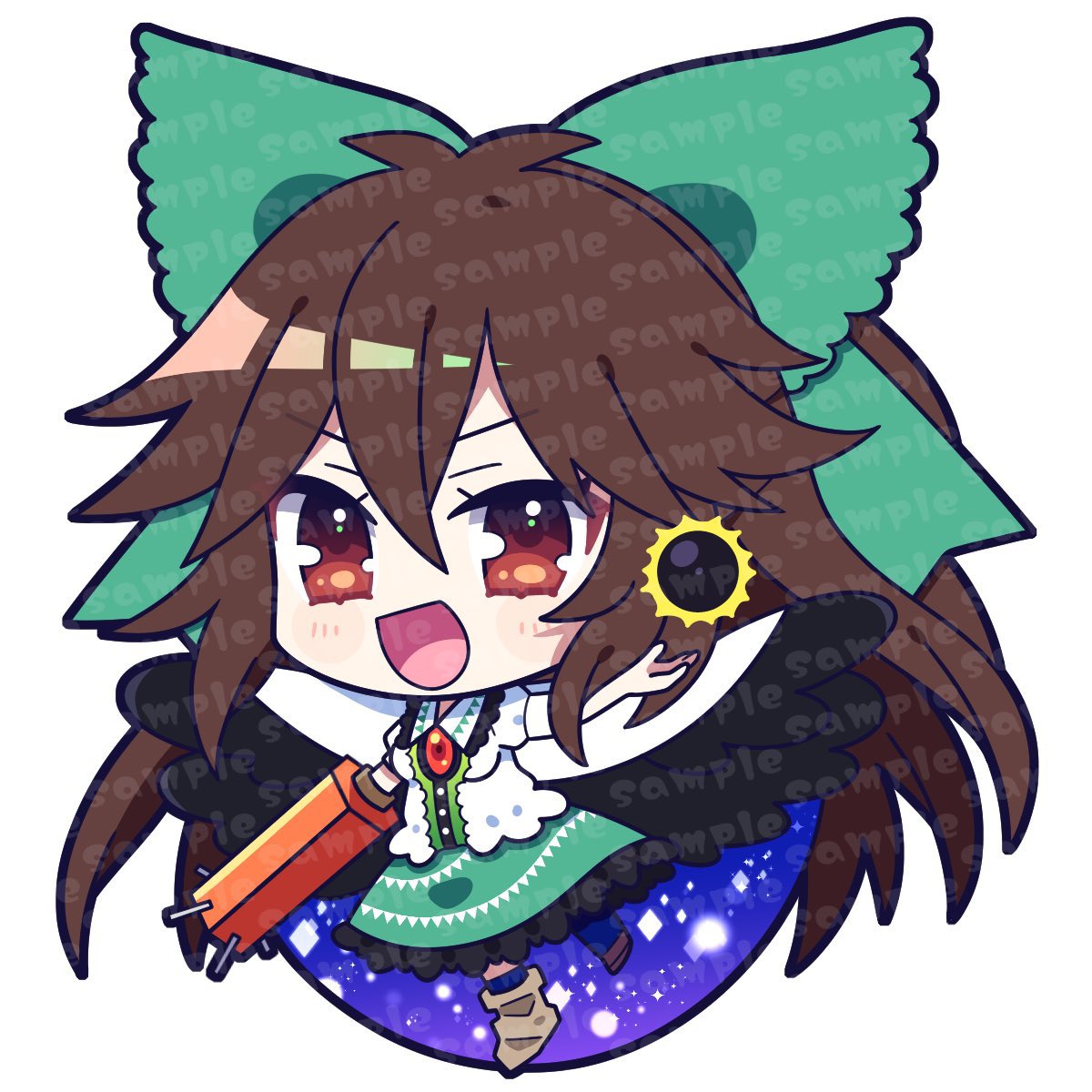 1girl :d arm_cannon bird_wings black_wings bow brown_hair cape chibi full_body green_bow green_skirt hair_bow highres long_hair looking_at_viewer open_mouth red_eyes reiuji_utsuho sample_watermark shirt short_sleeves simple_background skirt smile solo touhou weapon white_background white_cape white_shirt wings yoriteruru