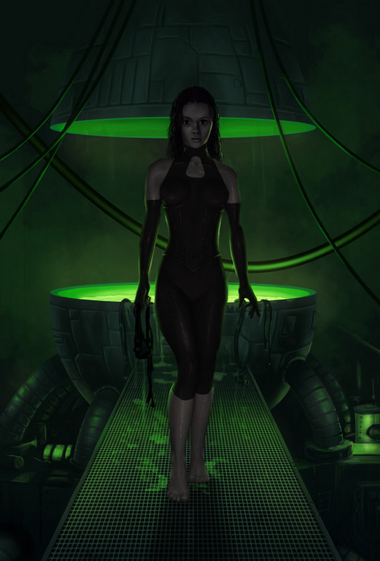 1girl bare_shoulders barefoot black_eyes black_hair breasts cable commentary covered_navel dark elbow_gloves eve_online full_body gloves glowing green_theme grey_gloves indoors krats lips looking_at_viewer machinery medium_breasts medium_hair nose original photoshop_(medium) realistic science_fiction solo walking water wet wet_clothes wet_hair