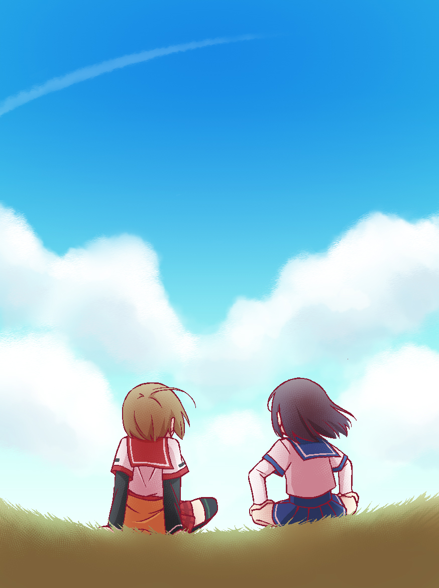 2girls ahoge anmitsu_(magenta) arms_behind_back black_hair black_sleeves black_thighhighs blue_sailor_collar blue_skirt blue_sky brown_hair clothes_around_waist clouds cloudy_sky facing_away from_behind grass indian_style jacket jacket_around_waist kamihama_university_affiliated_school_uniform layered_sleeves long_sleeves magia_record:_mahou_shoujo_madoka_magica_gaiden mahou_shoujo_madoka_magica medium_hair minaminagi_liberty_academy_school_uniform multiple_girls natsu_ryouko on_grass orange_jacket outdoors plaid plaid_skirt pleated_skirt red_sailor_collar red_skirt sailor_collar sailor_shirt school_uniform serafuku shirt short_hair short_over_long_sleeves short_sleeves sitting skirt sky suzuka_sakuya thigh-highs white_shirt wind